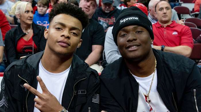 Former Georgia Bulldogs quarterback Justin Fields and Ohio State Football Quarterback Dwayne Haskins pose for a photo during the game between the Ohio State Buckeyes and the Michigan State Spartans at the Value City Arena in Columbus, Ohio on January 5, 2019.